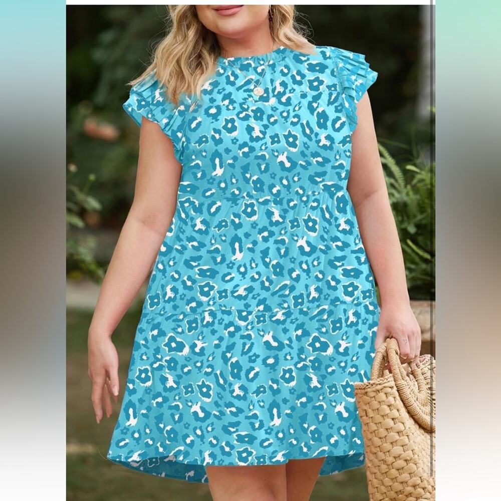 Eytino Womens Plus Size Blue Leopard Print Ruffle Sleeve Flowy Dress 5XL